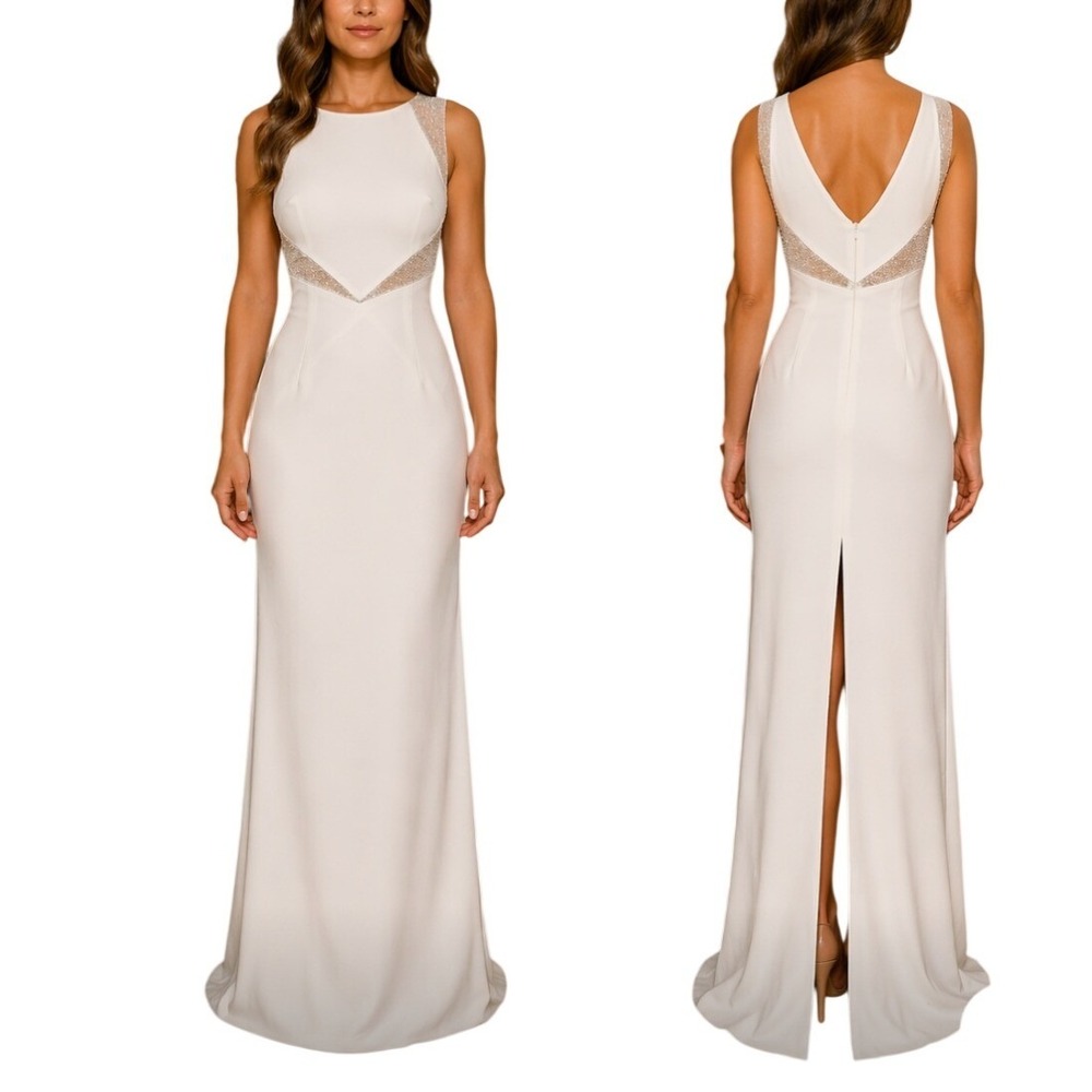 Gilar Evening Ivory Beaded Mesh V-Back Column Gown Dress Size 8 Womens White Y2K